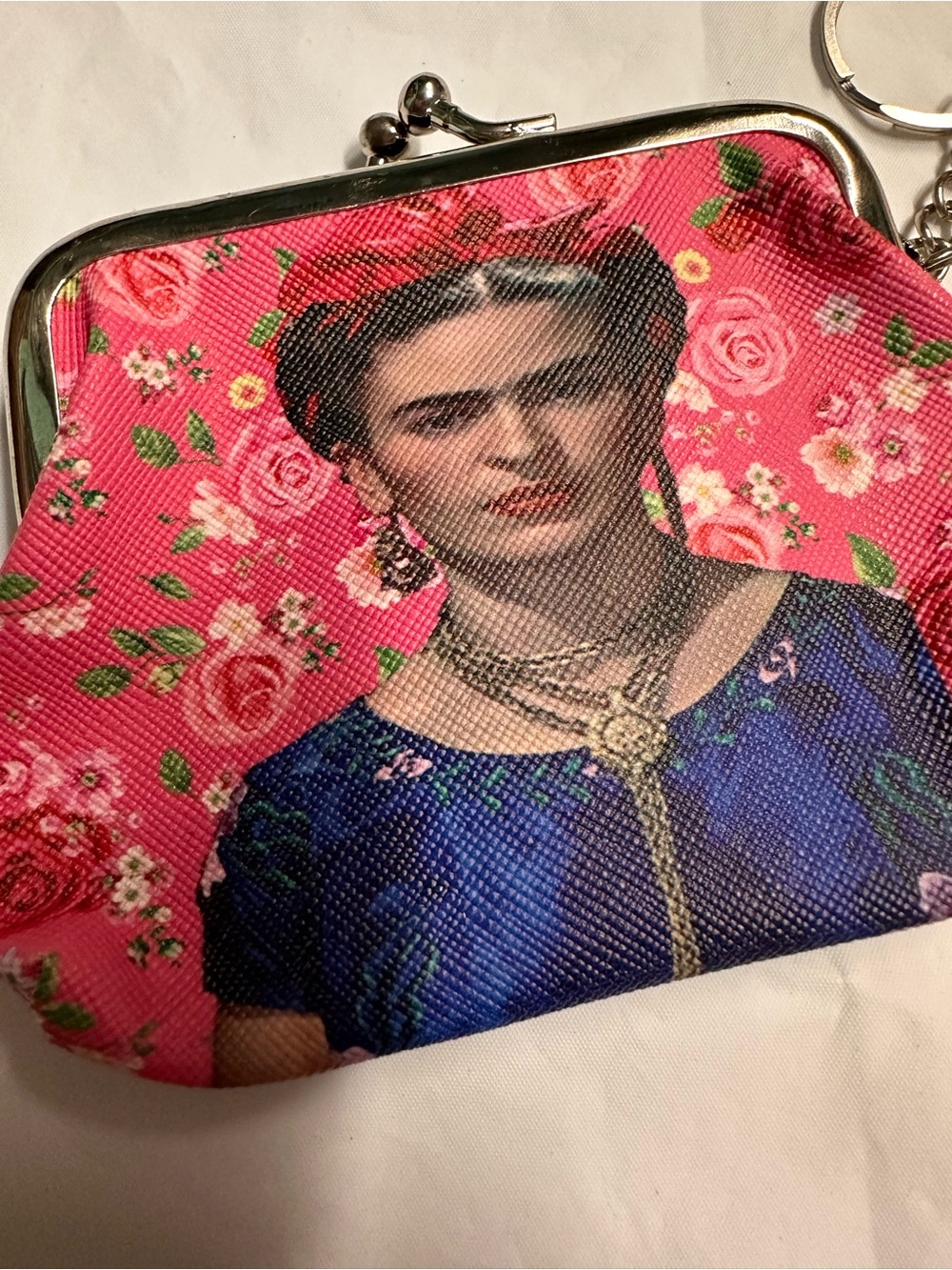 Pink Floral Coin Purse with Portrait Print and Keyring